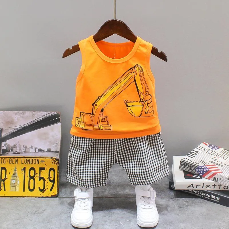 2pcs Cute Backhoe Prints Top and Pants Wholesale children's clothing