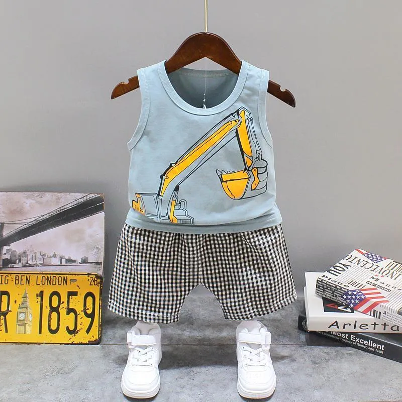 2pcs Cute Backhoe Prints Top and Pants Wholesale children's clothing