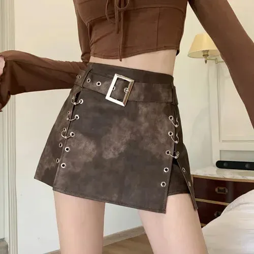 Advbridge -  American Retro Hot Girl Skirt Women's Autumn Wrap Hip Leather Skirt Ink Painted Belt A-line Mini Skirt Fashion Female Clothes