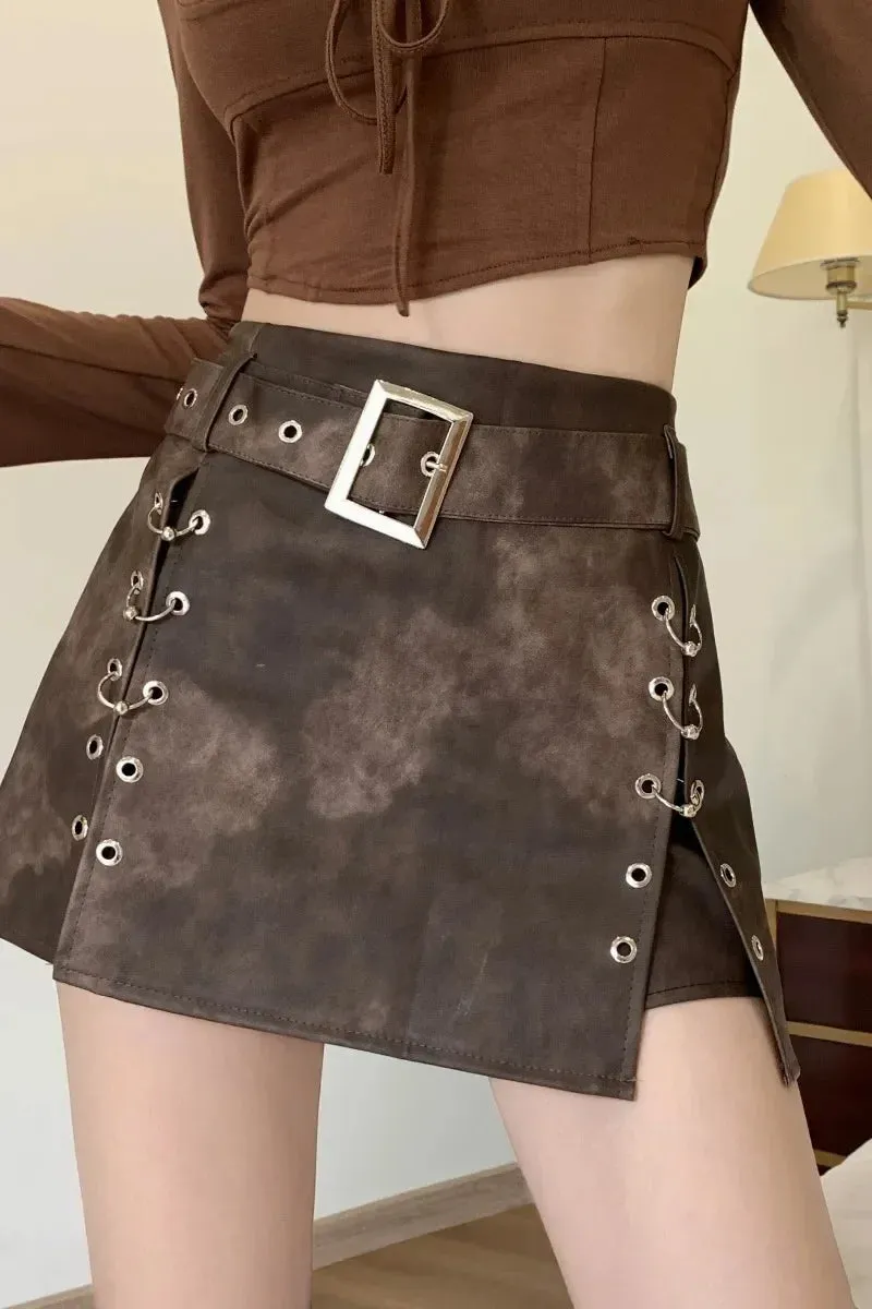 Advbridge -  American Retro Hot Girl Skirt Women's Autumn Wrap Hip Leather Skirt Ink Painted Belt A-line Mini Skirt Fashion Female Clothes