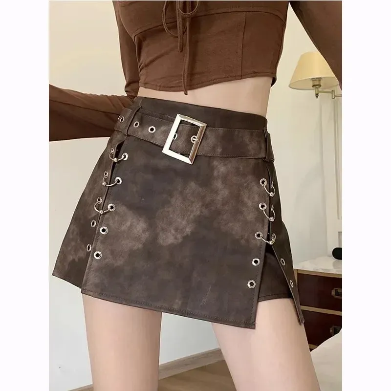 Advbridge -  American Retro Hot Girl Skirt Women's Autumn Wrap Hip Leather Skirt Ink Painted Belt A-line Mini Skirt Fashion Female Clothes