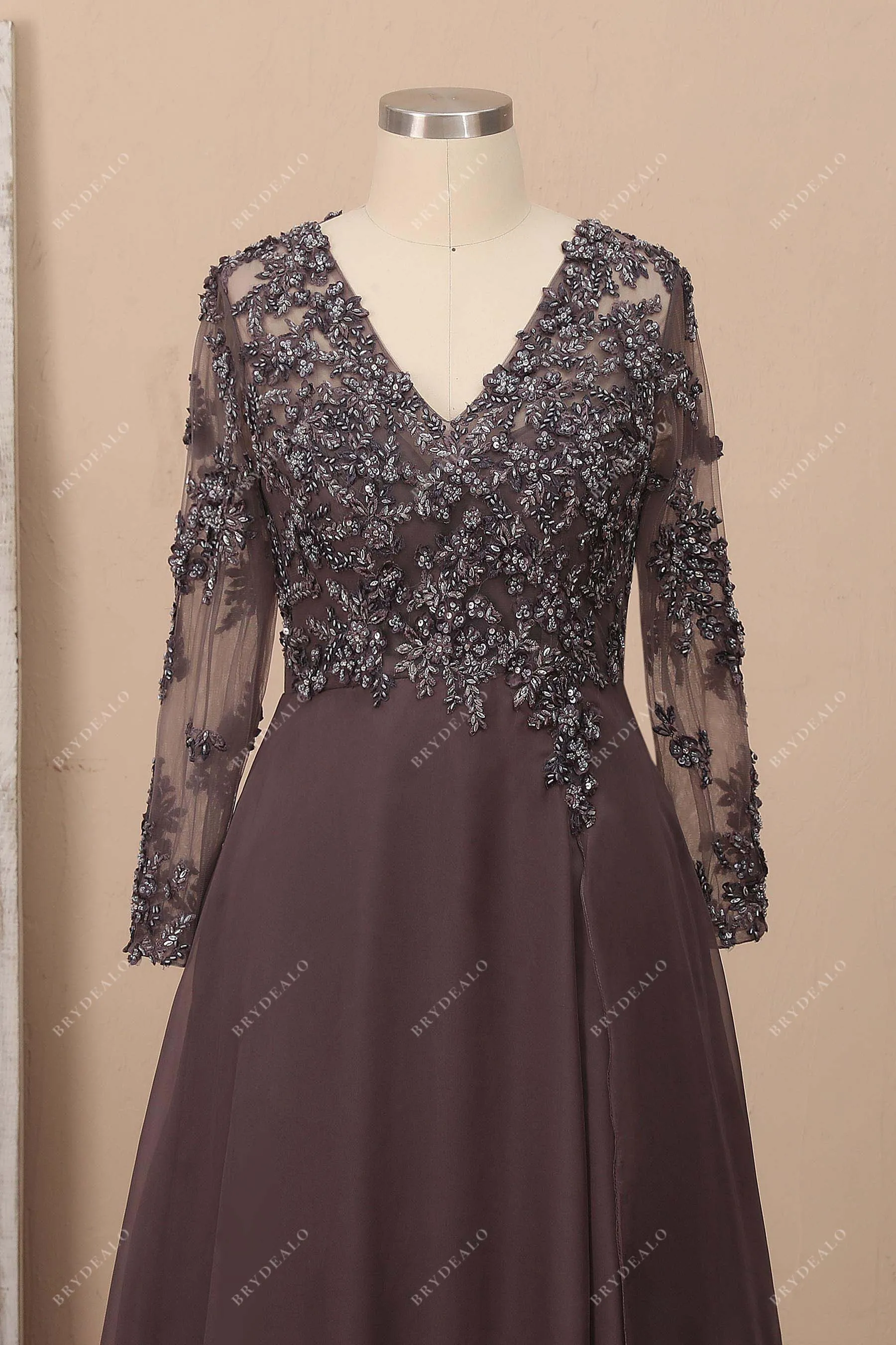 Beaded Chocolate Chiffon Sheer Sleeves Prom Dress