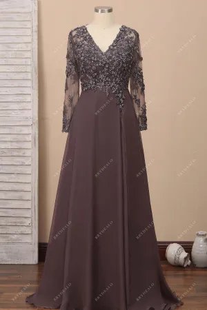 Beaded Chocolate Chiffon Sheer Sleeves Prom Dress