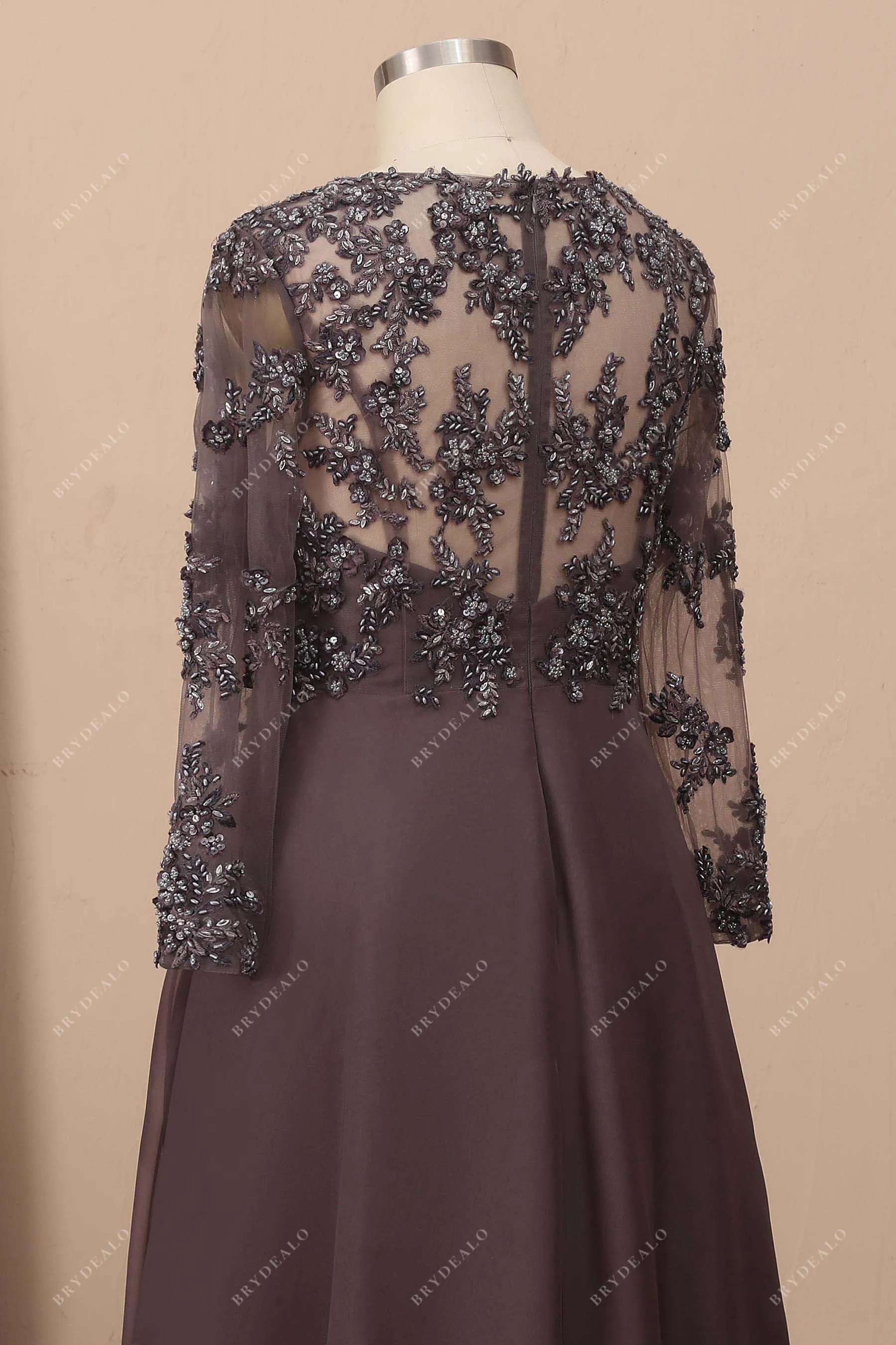 Beaded Chocolate Chiffon Sheer Sleeves Prom Dress