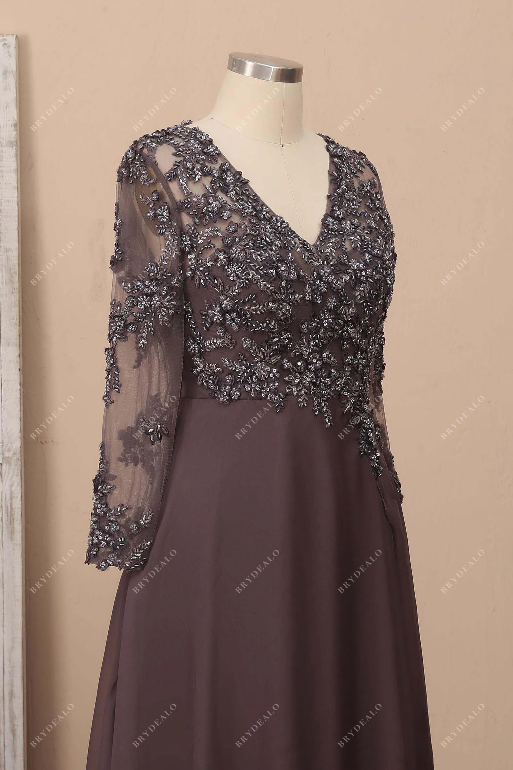 Beaded Chocolate Chiffon Sheer Sleeves Prom Dress