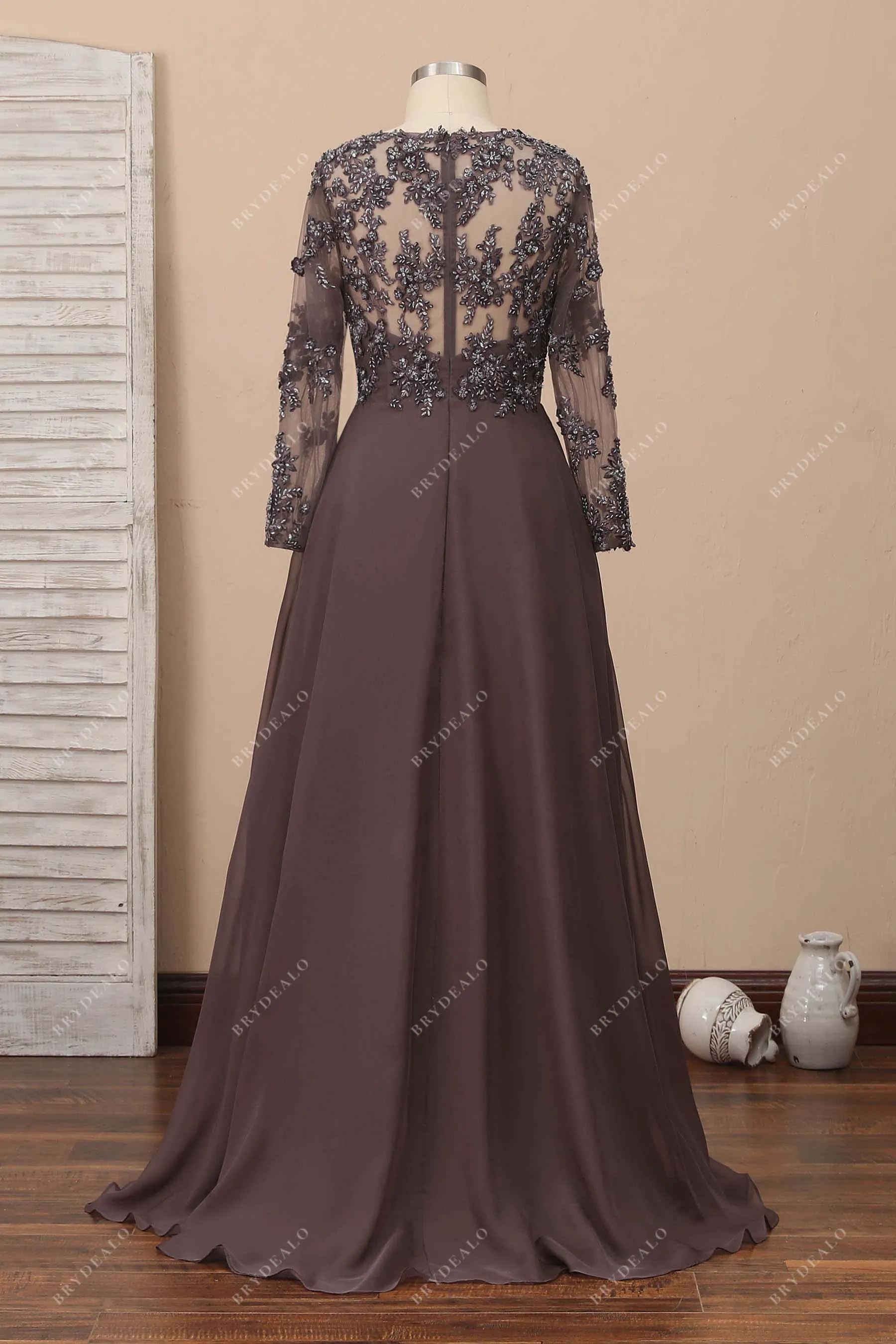 Beaded Chocolate Chiffon Sheer Sleeves Prom Dress