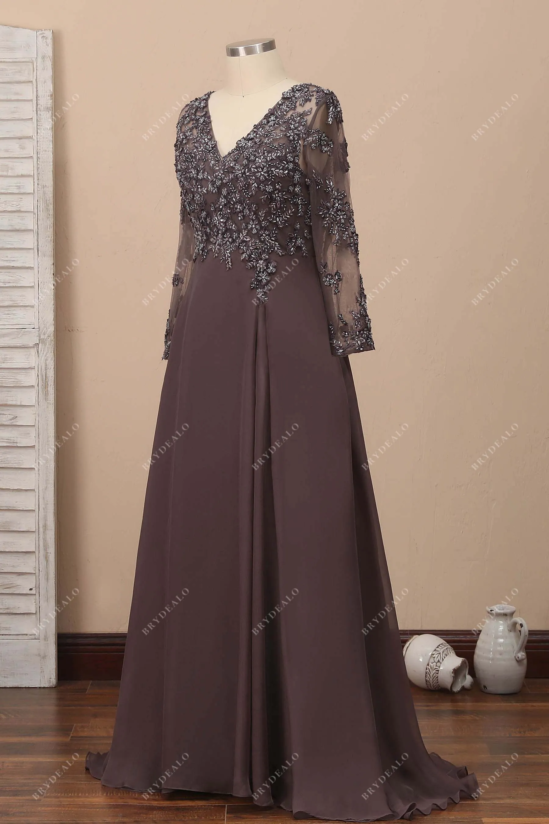 Beaded Chocolate Chiffon Sheer Sleeves Prom Dress