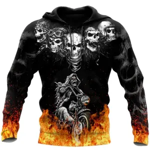 Biker Skulls On The Fire Hoodie For Men And Women 3D Skull Hoodies