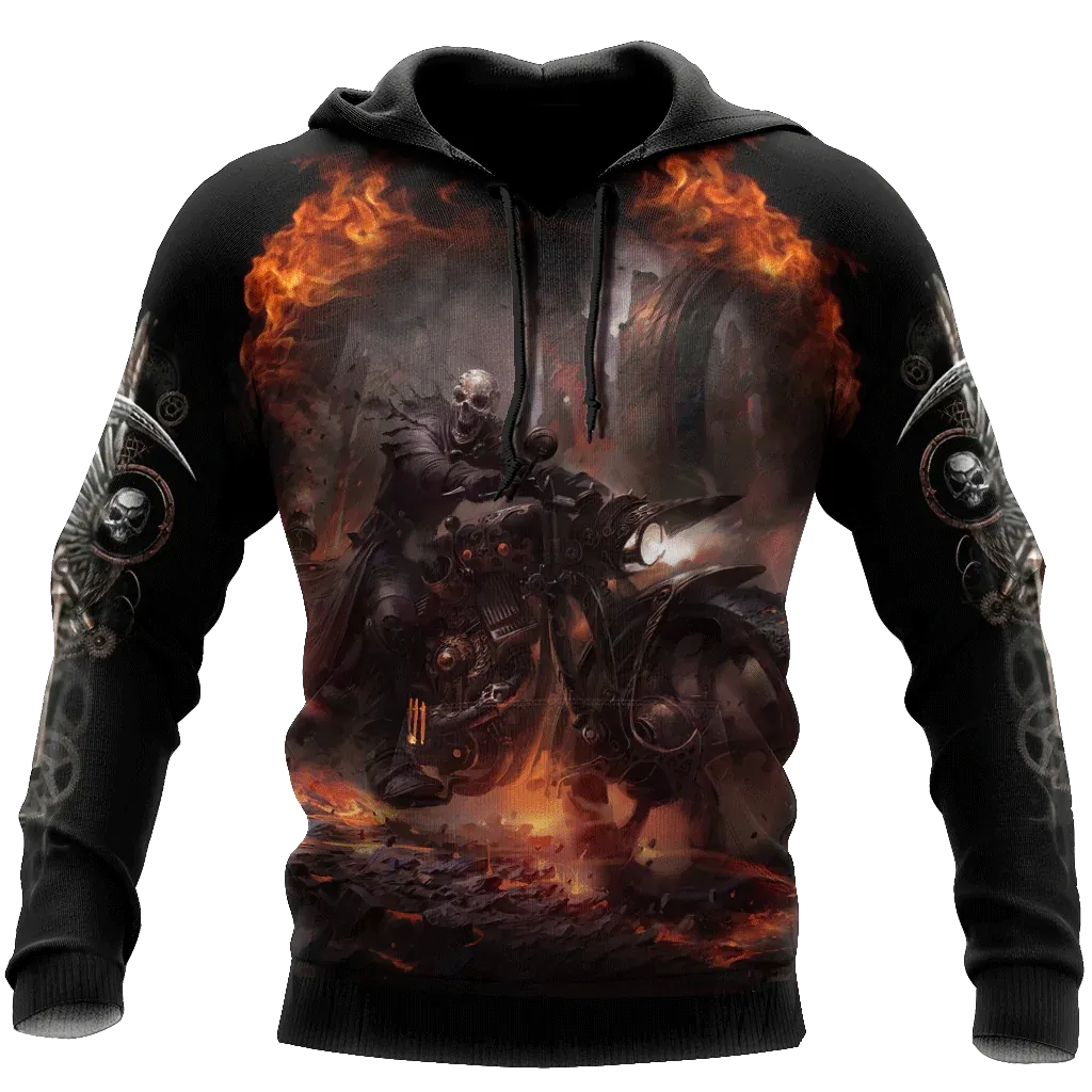 Biker Skulls On The Fire Hoodie For Men And Women 3D Skull Hoodies