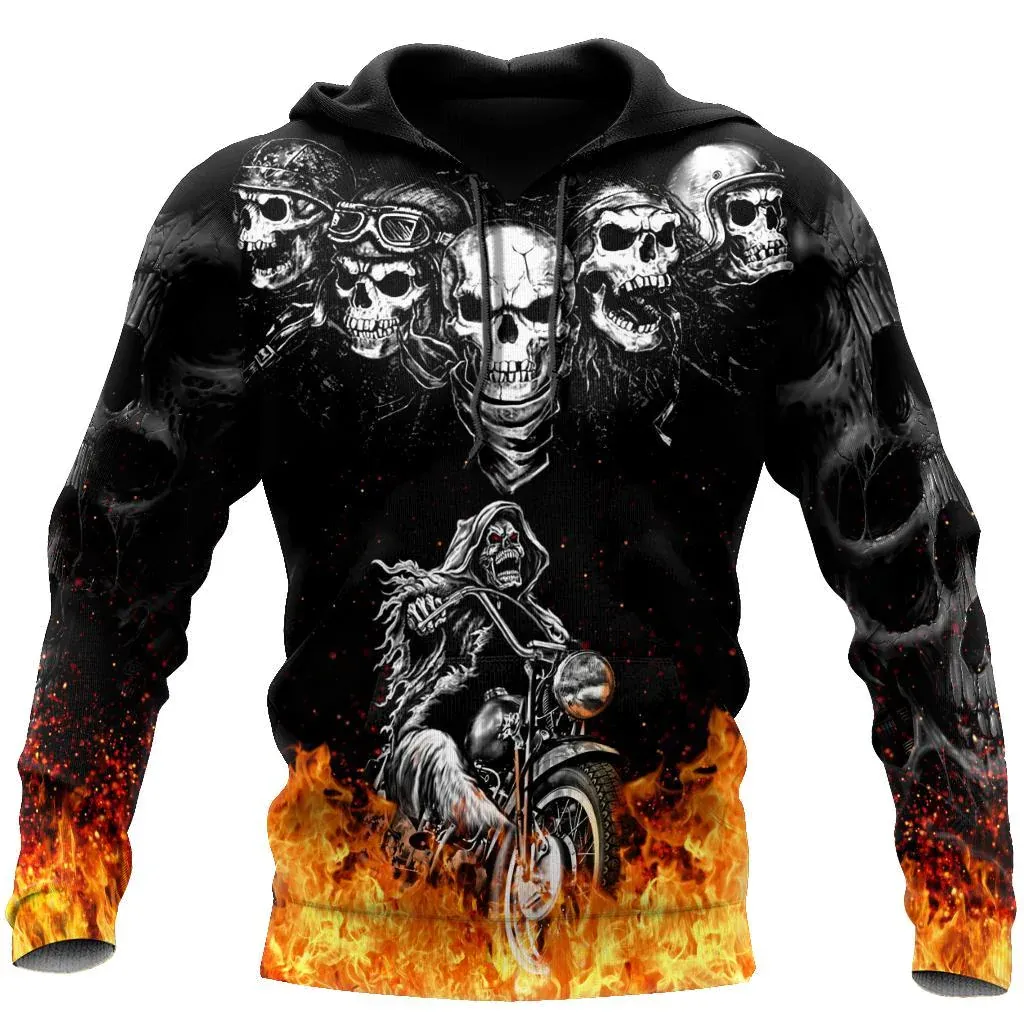 Biker Skulls On The Fire Hoodie For Men And Women 3D Skull Hoodies