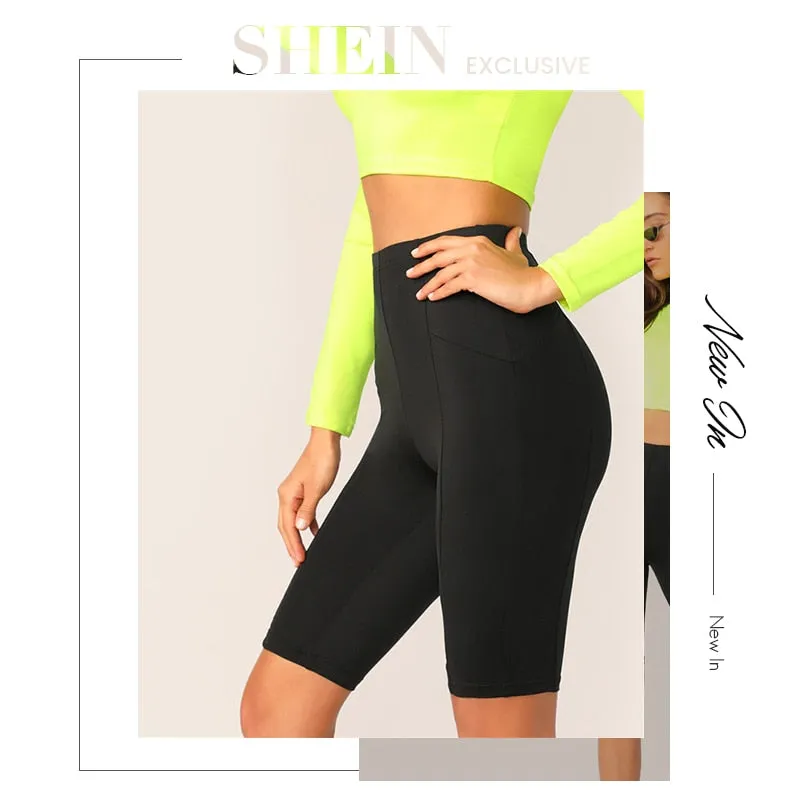 Black Solid High Waist Solid Cycling Athleisure Crop Fitness Short Summer Ladies Basics Workout Leggings