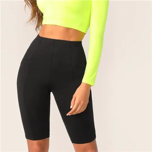 Black Solid High Waist Solid Cycling Athleisure Crop Fitness Short Summer Ladies Basics Workout Leggings