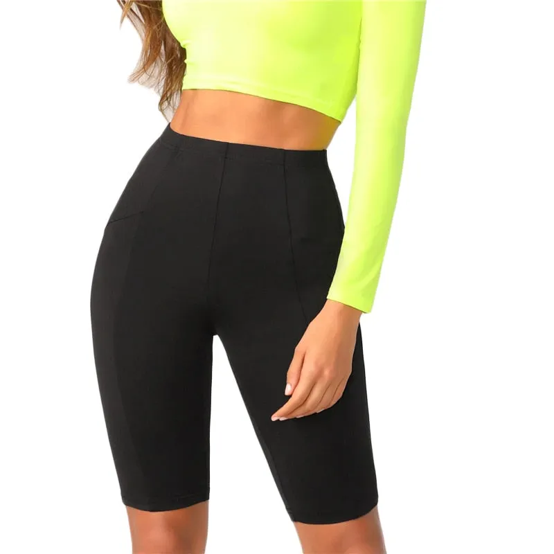 Black Solid High Waist Solid Cycling Athleisure Crop Fitness Short Summer Ladies Basics Workout Leggings