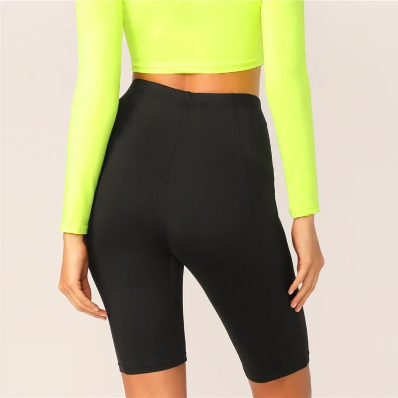 Black Solid High Waist Solid Cycling Athleisure Crop Fitness Short Summer Ladies Basics Workout Leggings