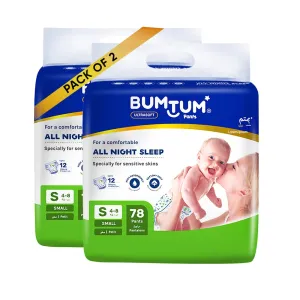 Bumtum Baby Diaper Pants, Small Size, 156 Count, Double Layer Leakage Protection Infused With Aloe Vera, Cottony Soft High Absorb Technology (Pack of 2)