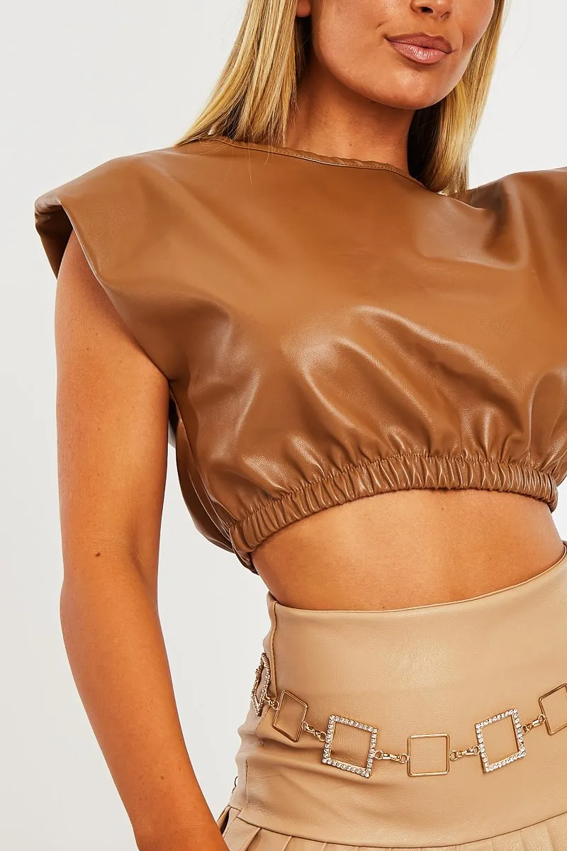 Camel Cropped Faux Leather Shoulder Pad Top - Kirrah