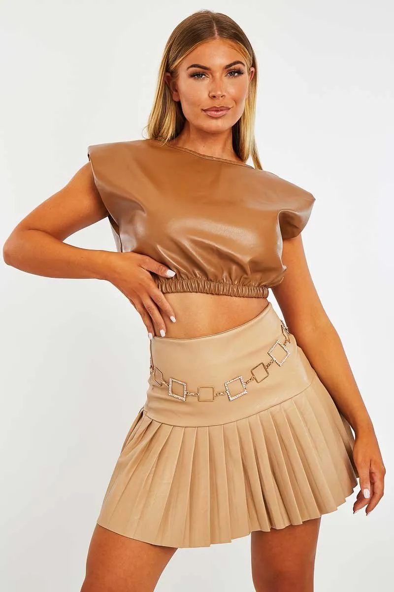 Camel Cropped Faux Leather Shoulder Pad Top - Kirrah