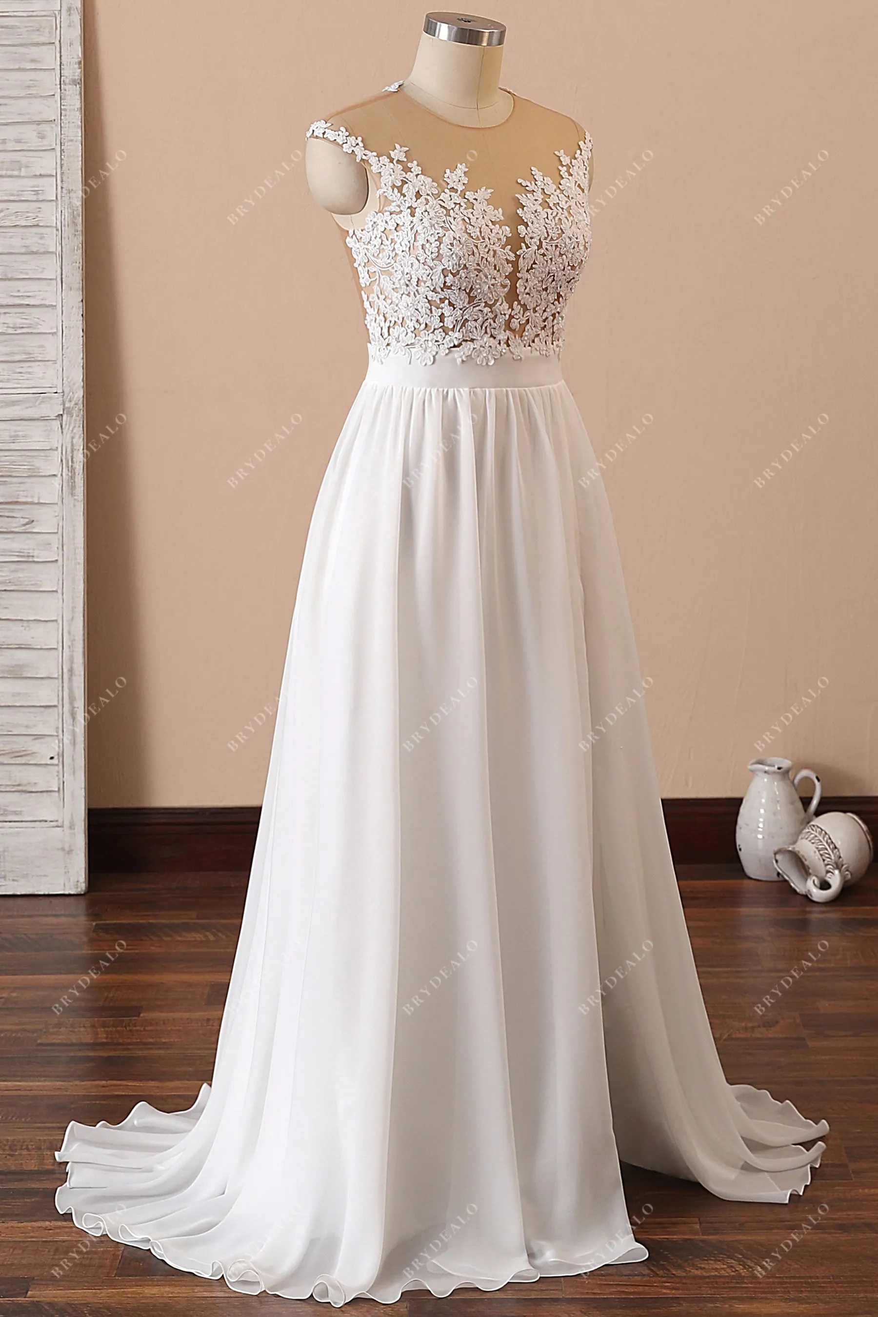 Cap Sleeve Lace Chiffon Slit Beach Wedding Dress