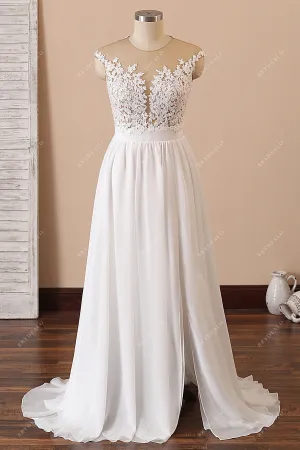 Cap Sleeve Lace Chiffon Slit Beach Wedding Dress