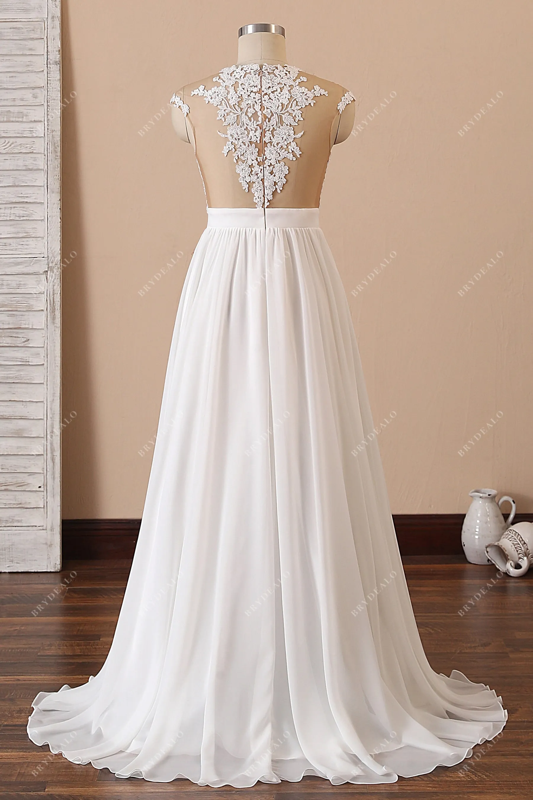 Cap Sleeve Lace Chiffon Slit Beach Wedding Dress