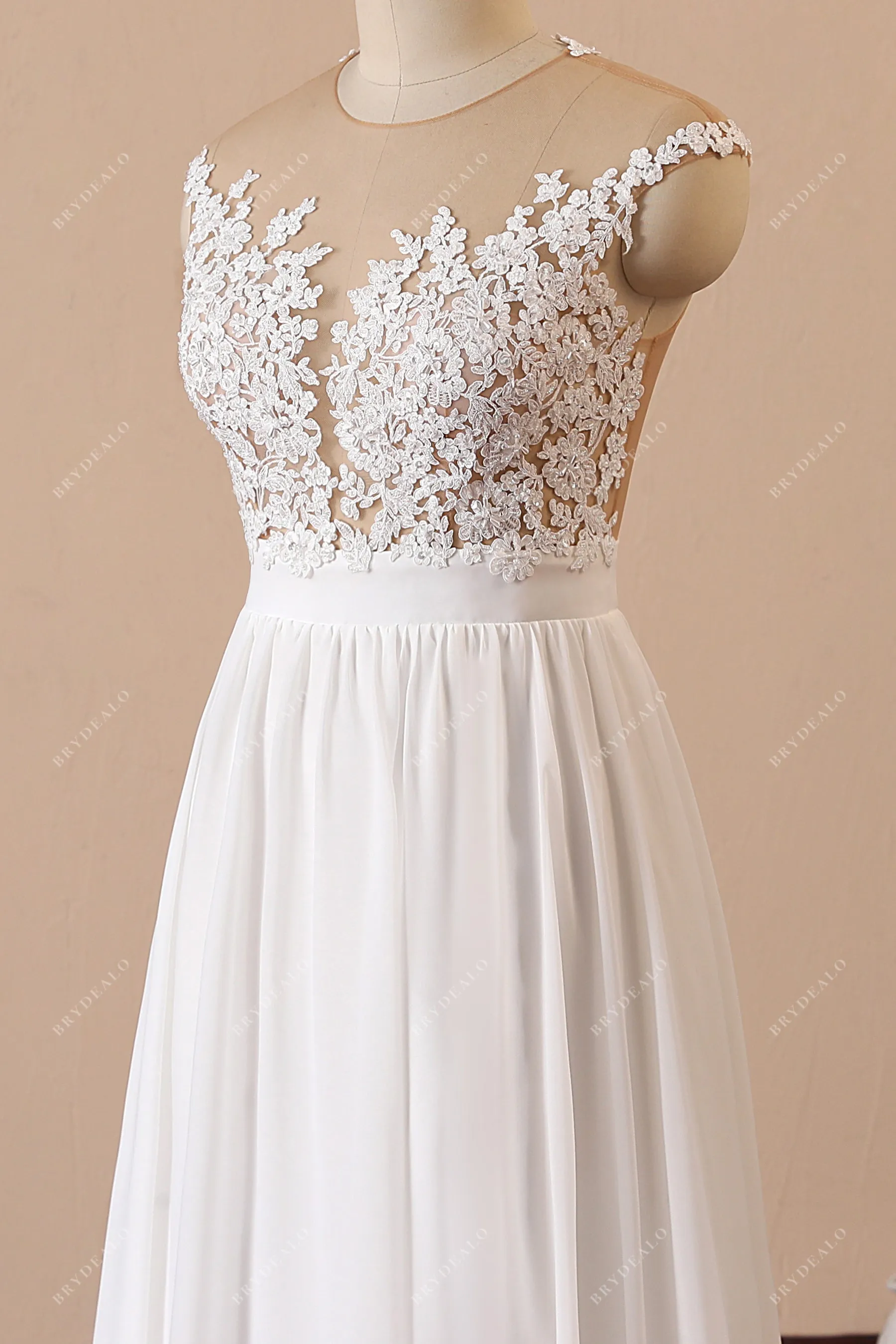 Cap Sleeve Lace Chiffon Slit Beach Wedding Dress