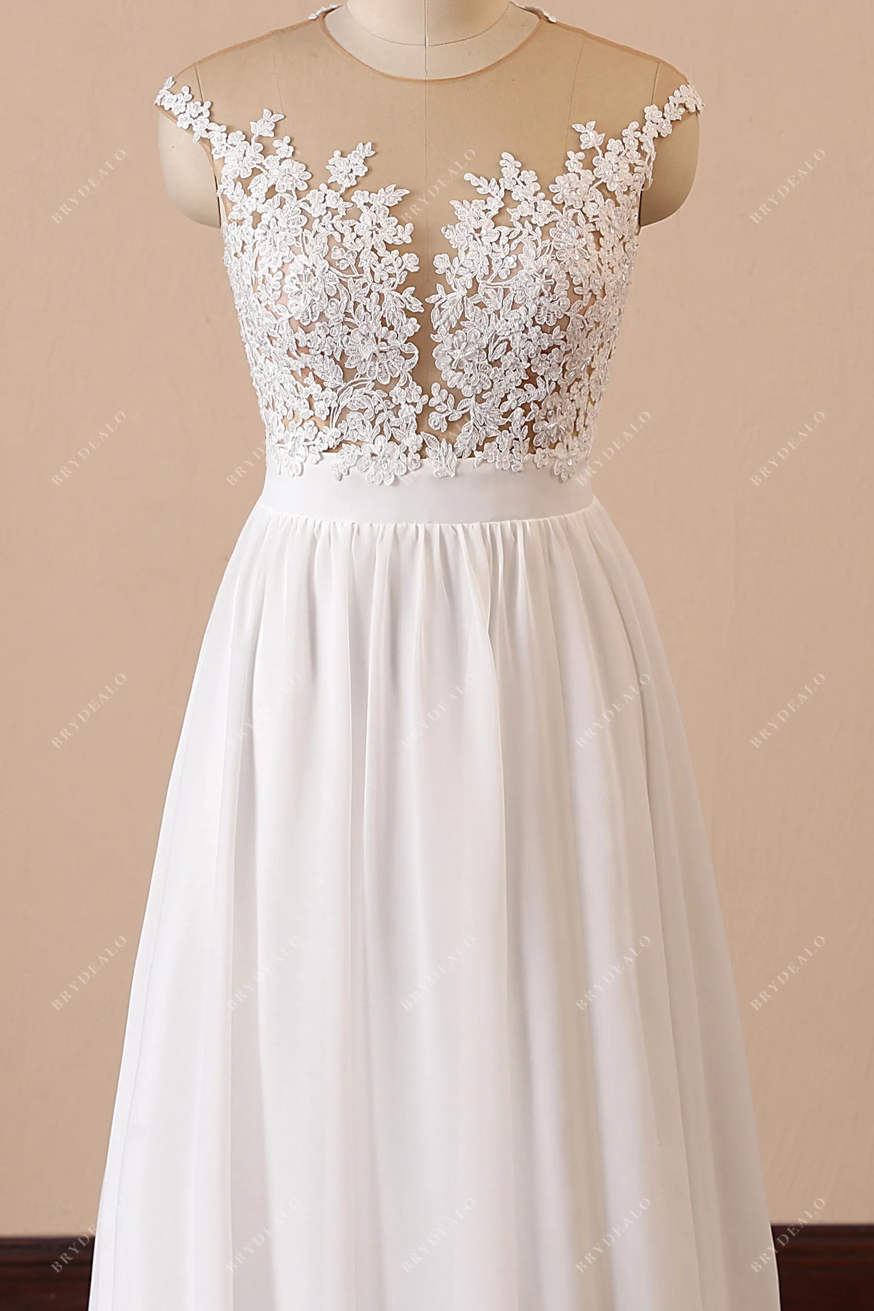 Cap Sleeve Lace Chiffon Slit Beach Wedding Dress