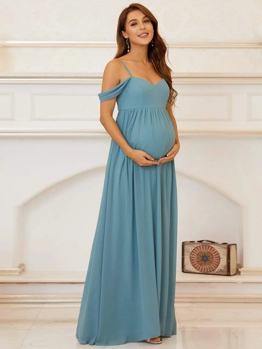 Cold-Shoulder Spaghetti Strap V-Neck A-Line Maternity Dress