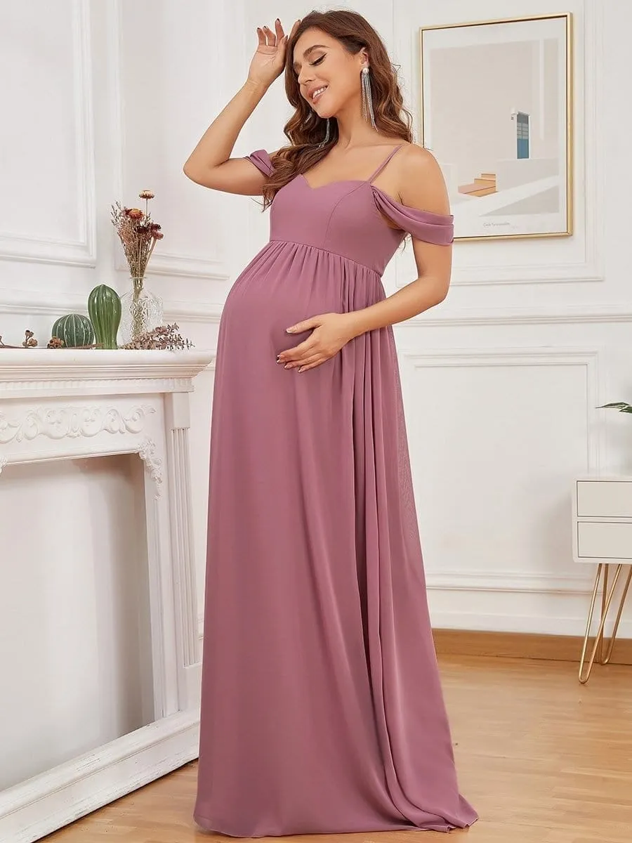 Cold-Shoulder Spaghetti Strap V-Neck A-Line Maternity Dress