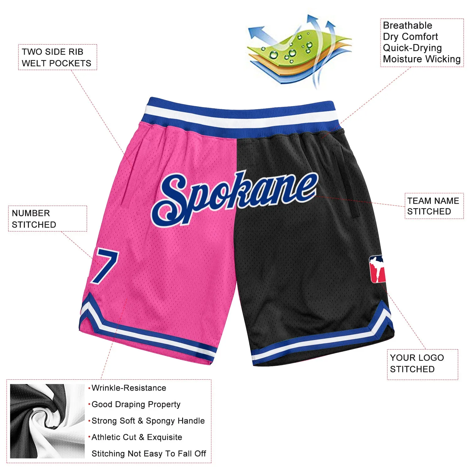 Custom Pink Royal-Black Authentic Throwback Split Fashion Basketball Shorts