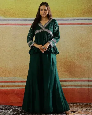 Deep Green Embellished Raw Silk Sharara Set