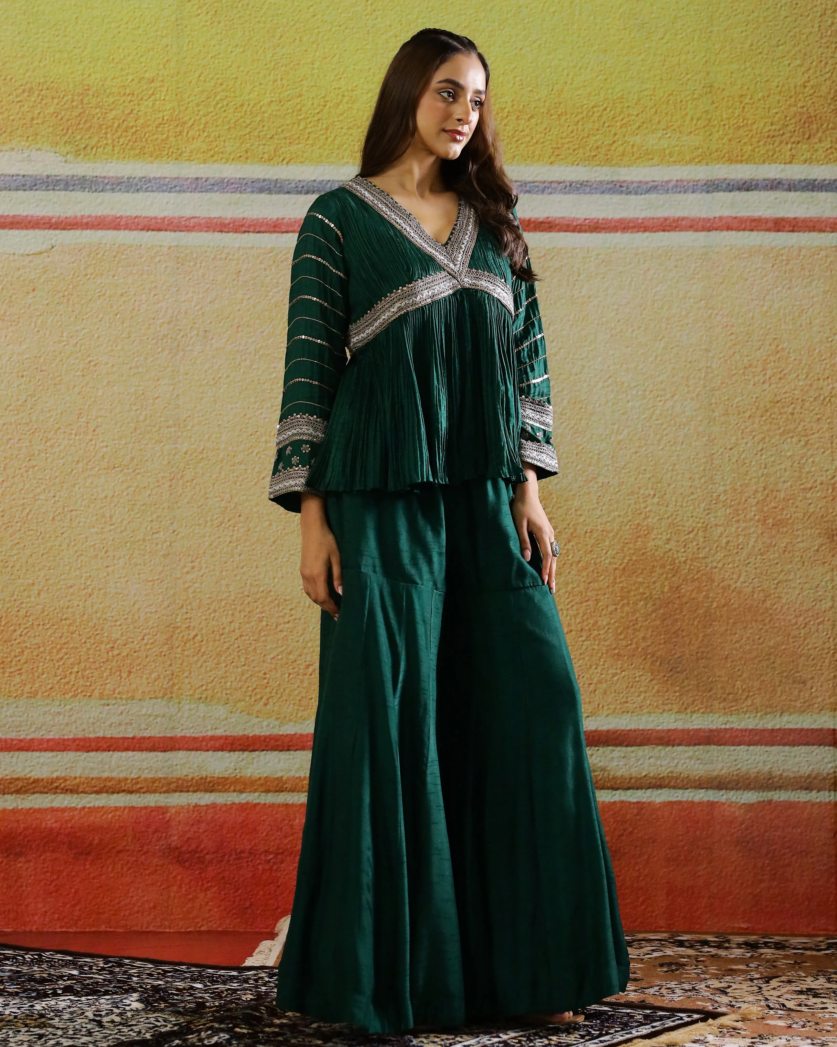 Deep Green Embellished Raw Silk Sharara Set