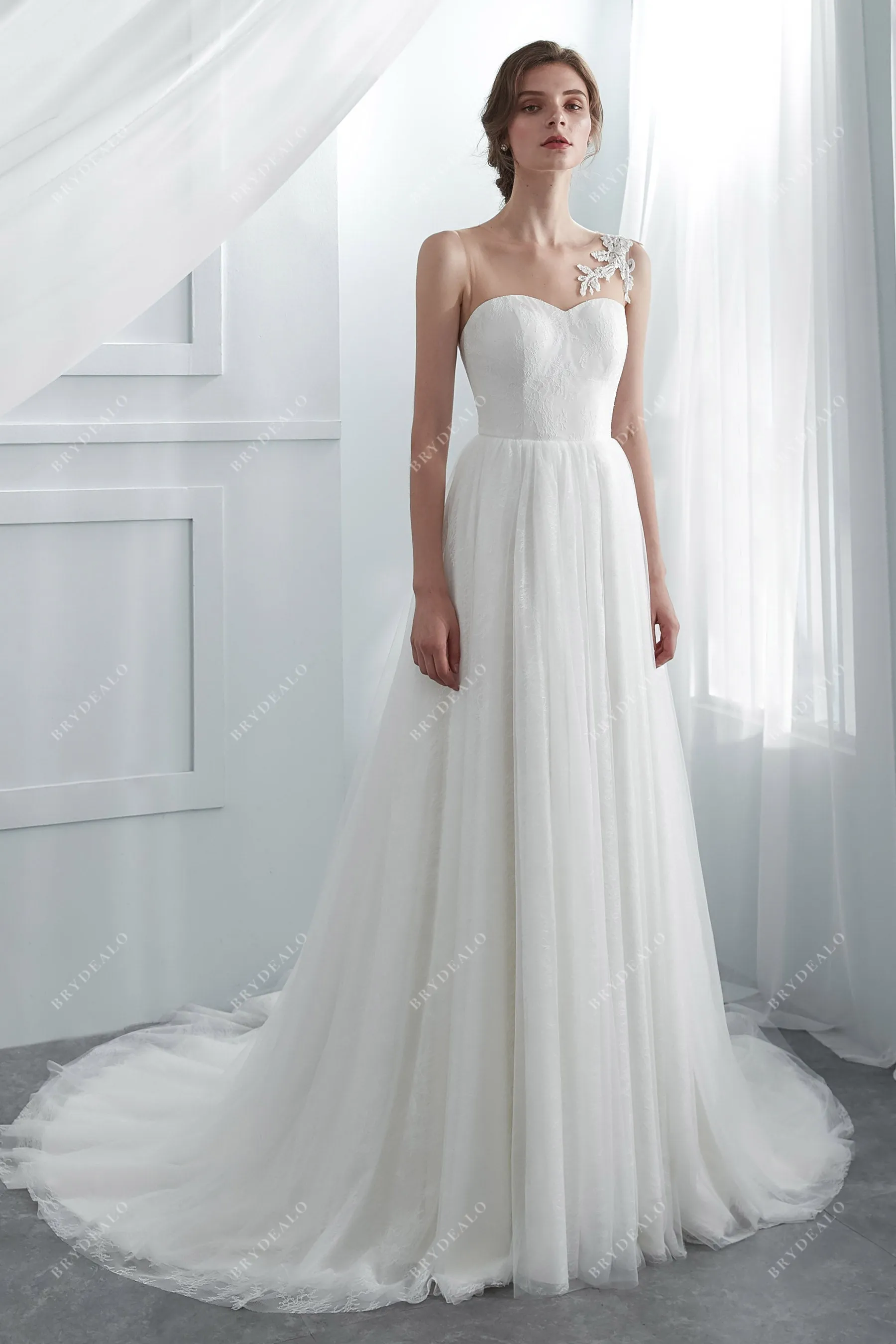 Designer Beaded Lace Illusion Neck A-line Summer Bridal Gown