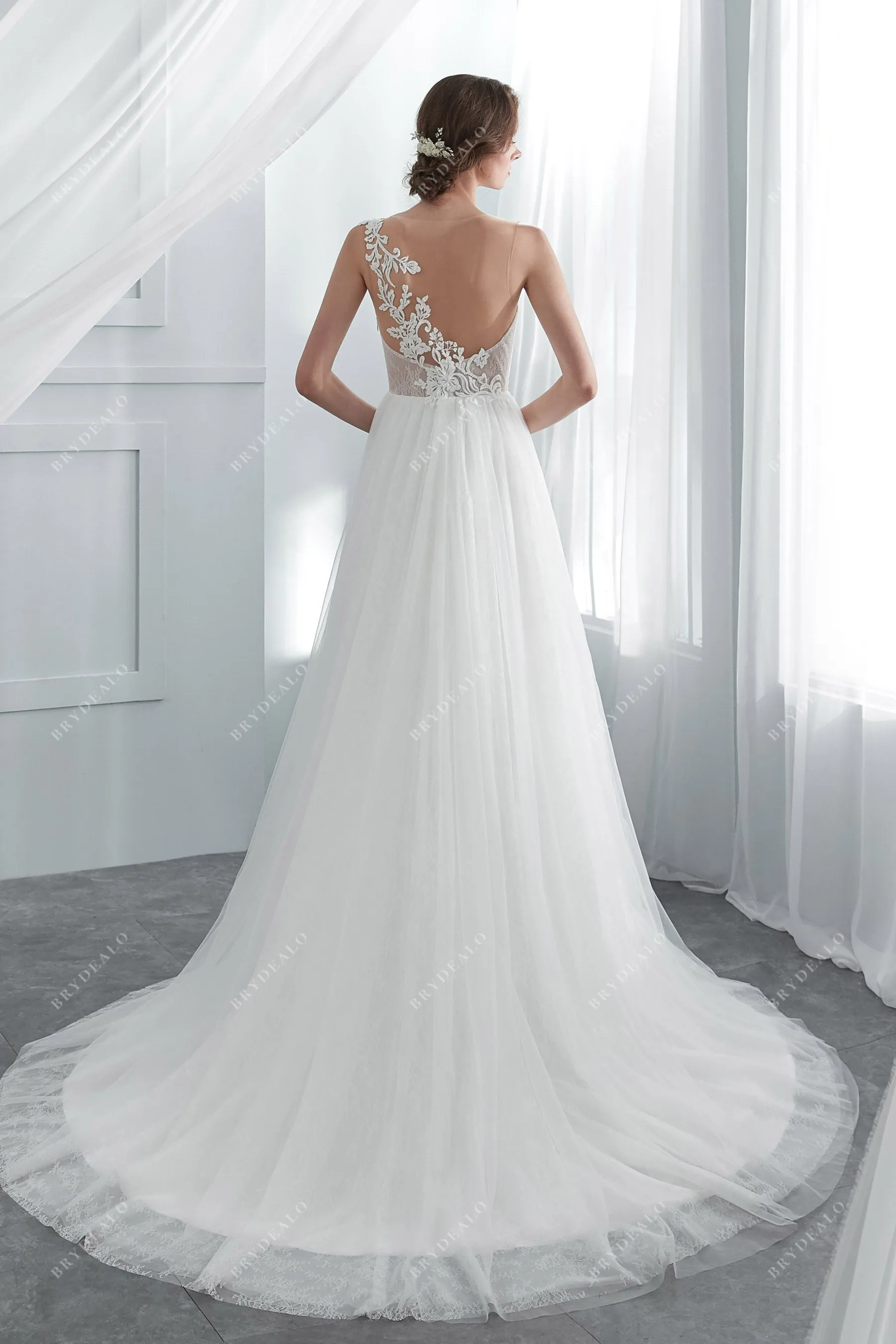 Designer Beaded Lace Illusion Neck A-line Summer Bridal Gown