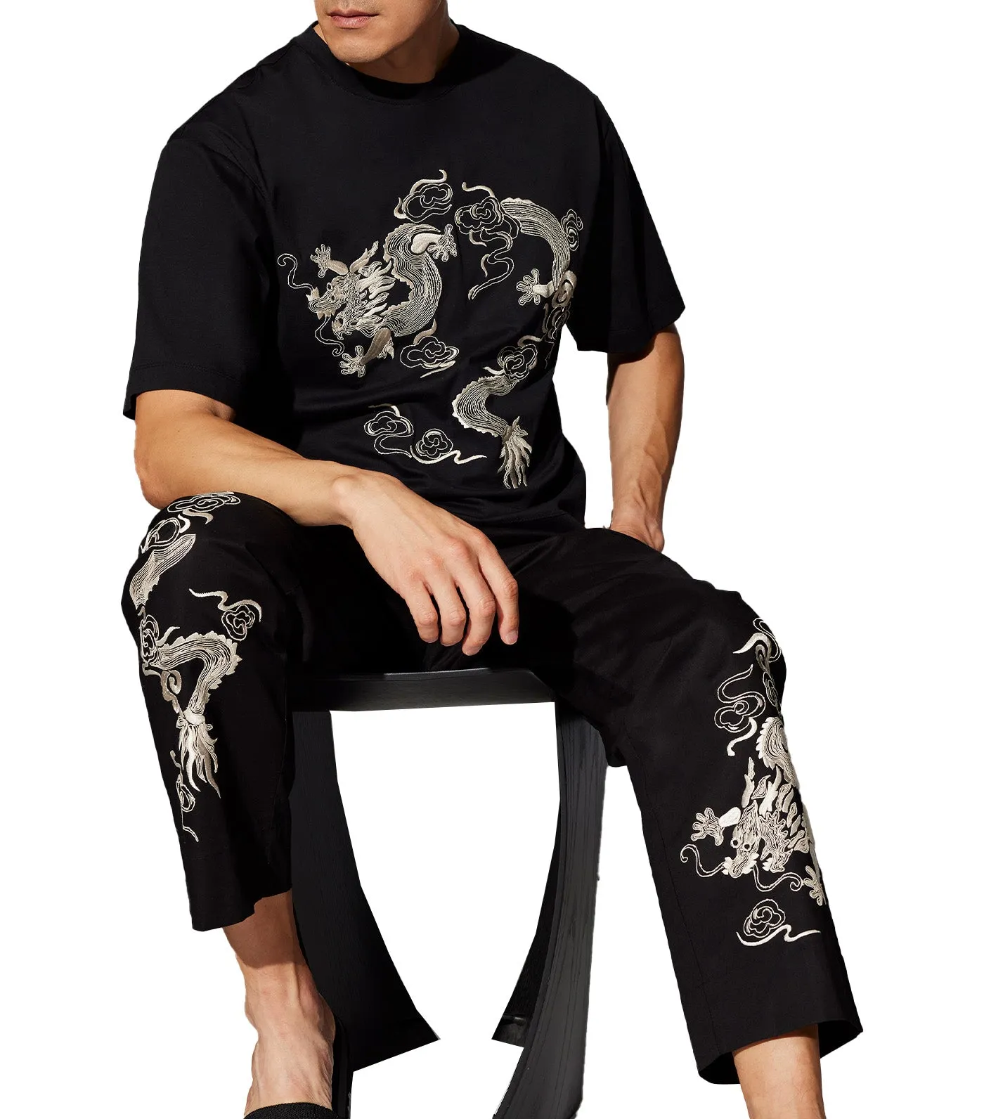 Dragon Techno Poplin Pants with Embroidery Black