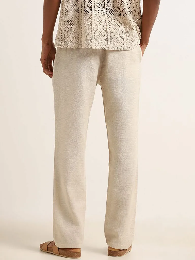 ETA Beige Solid Cotton Blend Mid Rise Relaxed Fit Pants