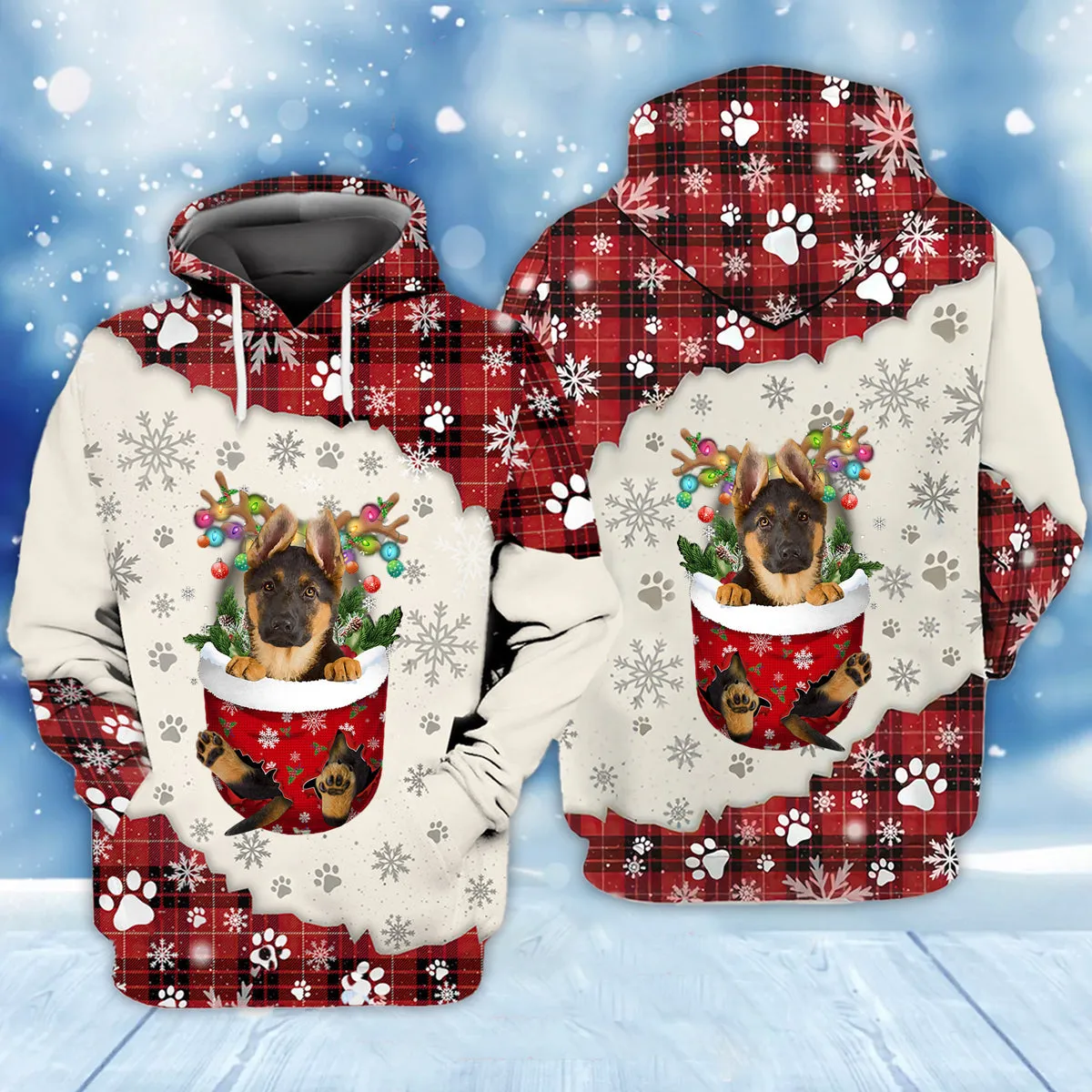 German Shepherd In Snow Pocket Merry Christmas Unisex Hoodie