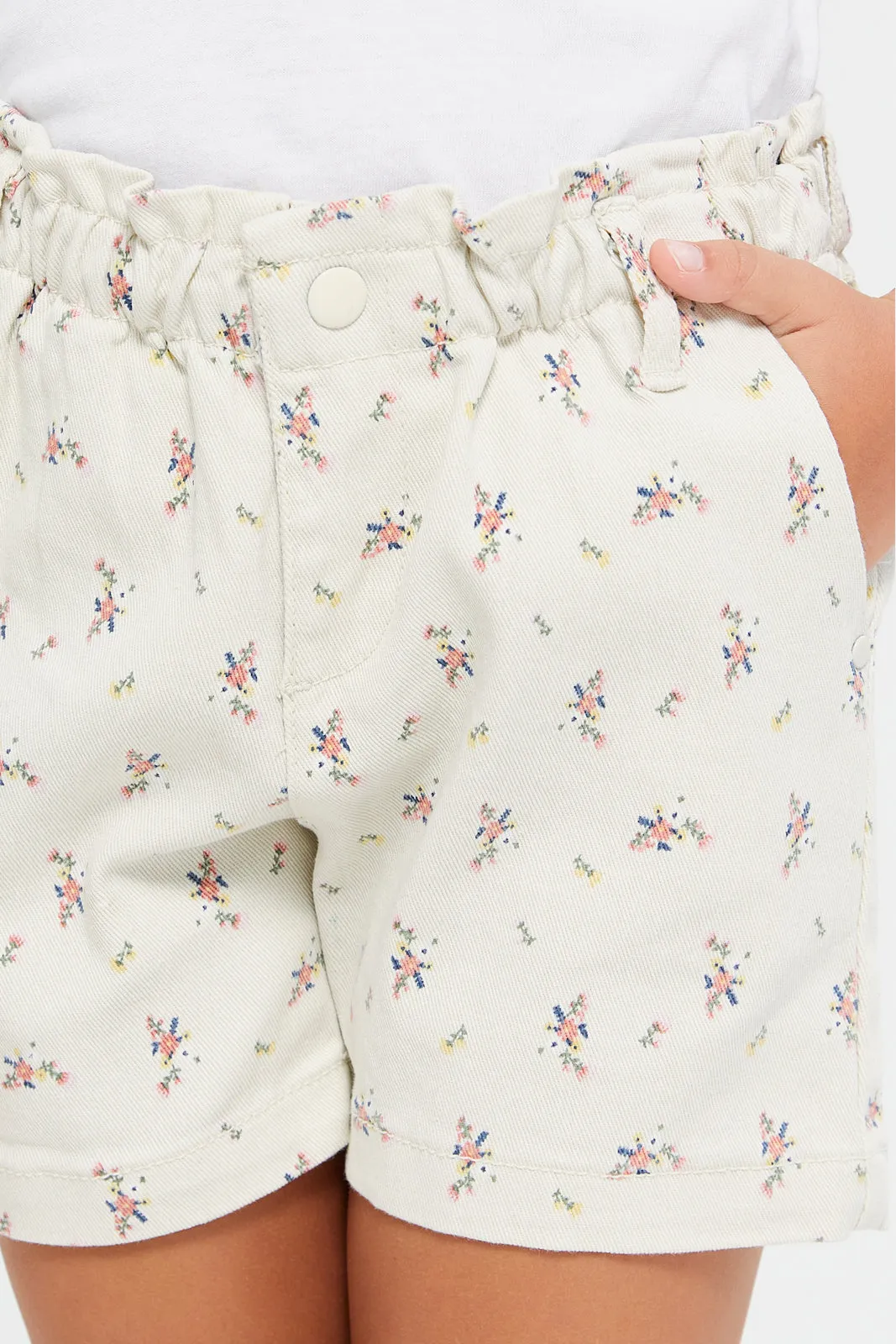 Girls  Beige Printed Twill Shorts