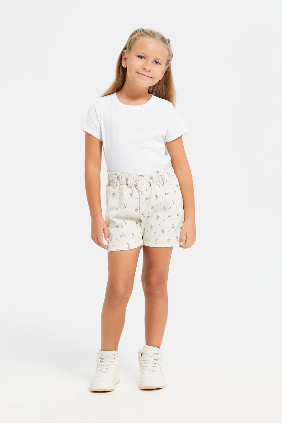 Girls  Beige Printed Twill Shorts