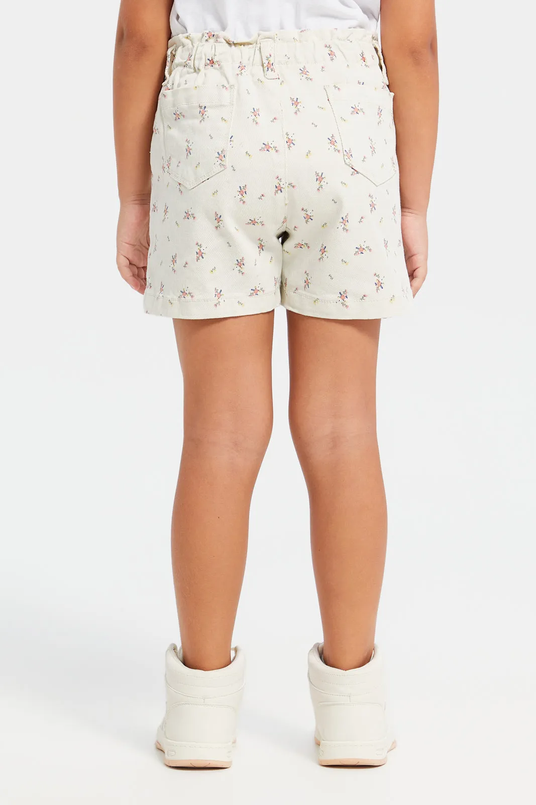 Girls  Beige Printed Twill Shorts