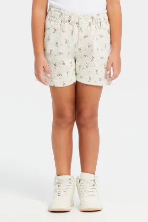 Girls  Beige Printed Twill Shorts