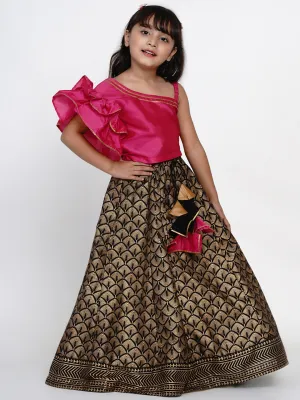 Girls Pink & Black Printed Ready To Wear Lehenga & Blouse - Bitiya By Bhama