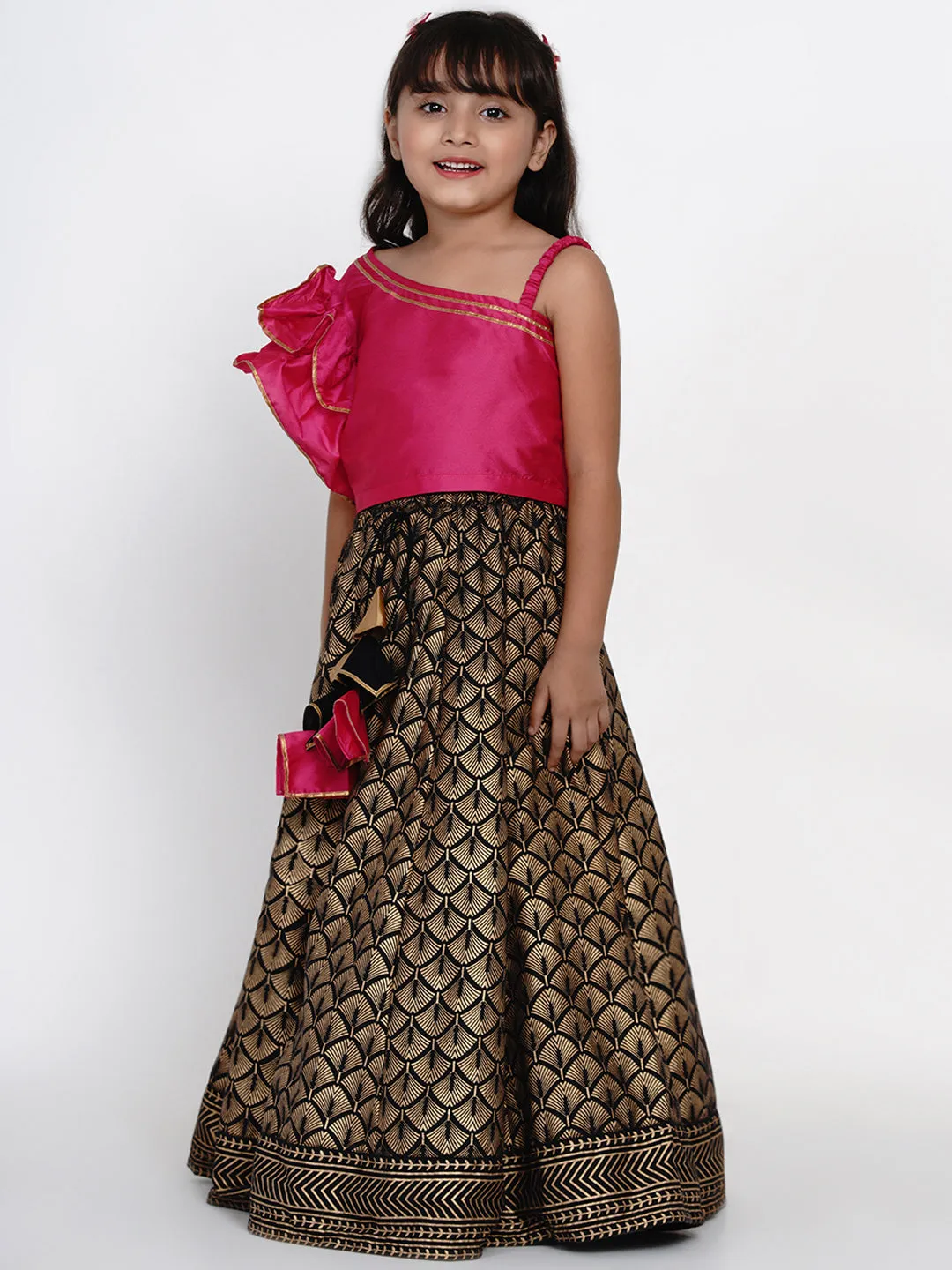 Girls Pink & Black Printed Ready To Wear Lehenga & Blouse - Bitiya By Bhama