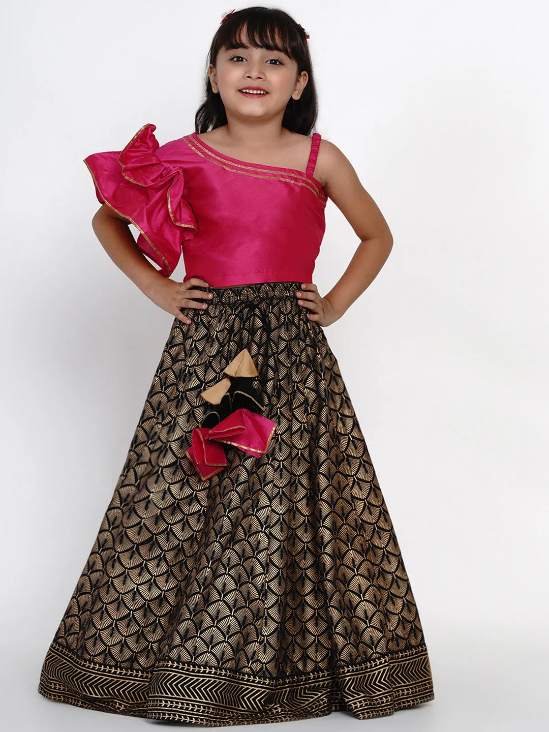 Girls Pink & Black Printed Ready To Wear Lehenga & Blouse - Bitiya By Bhama