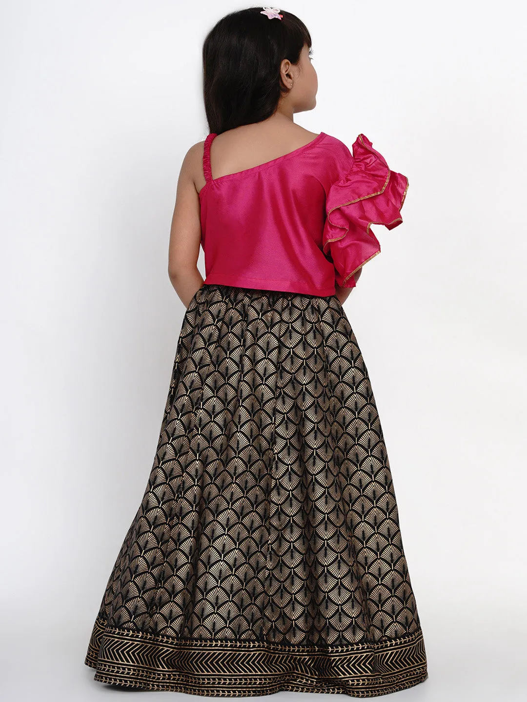 Girls Pink & Black Printed Ready To Wear Lehenga & Blouse - Bitiya By Bhama