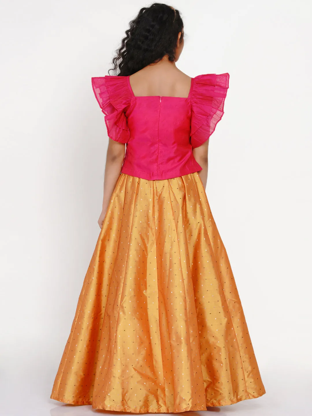 Girls Pink & Orange Thread Work Ready To Wear Lehenga & Blouse - Bitiya By Bhama