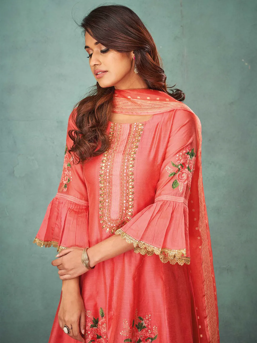 Gorgeous Pink Front Slit, Bell Sleeves Silk Anarkali With Pant & Dupatta