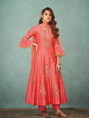 Gorgeous Pink Front Slit, Bell Sleeves Silk Anarkali With Pant & Dupatta