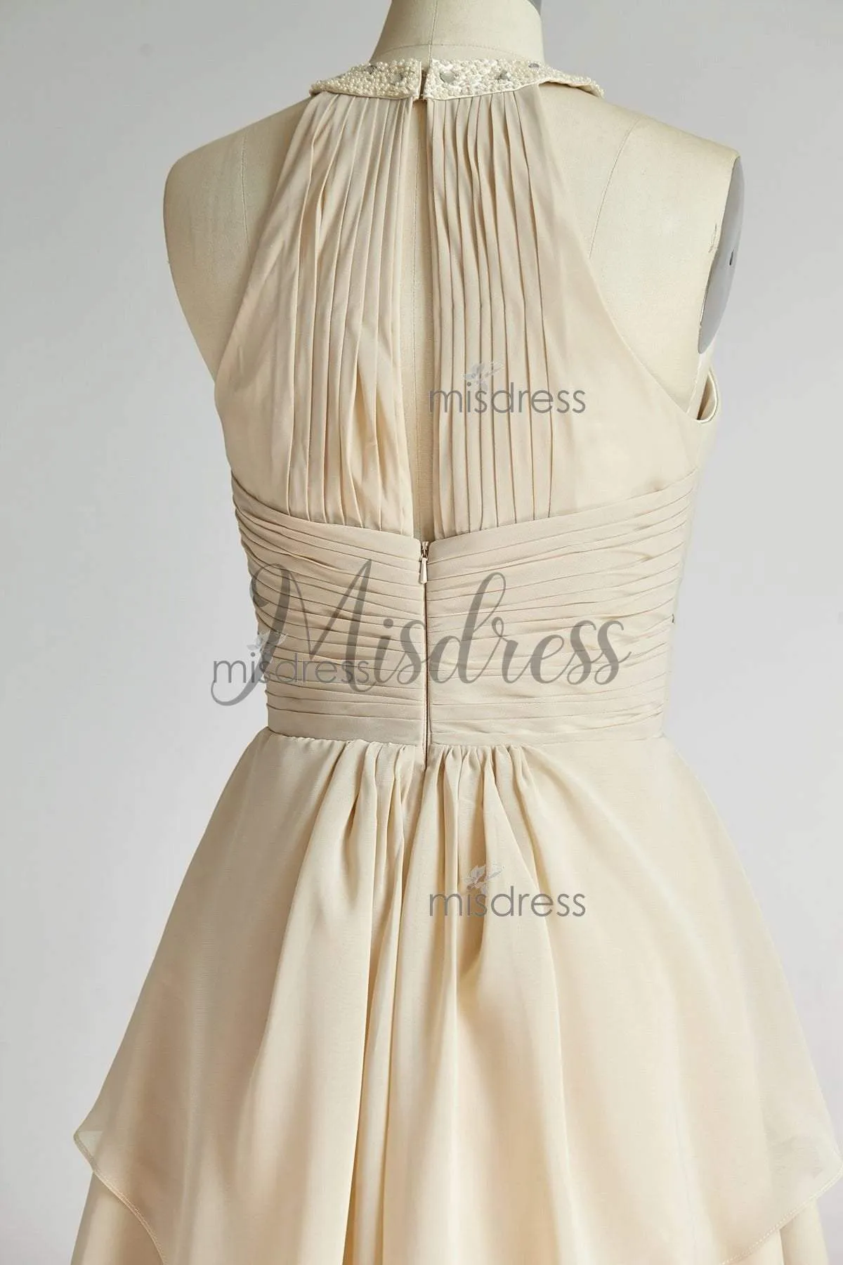 Halter Neck Champagne Beaded Chiffon Short Wedding Bridesmaid Dress