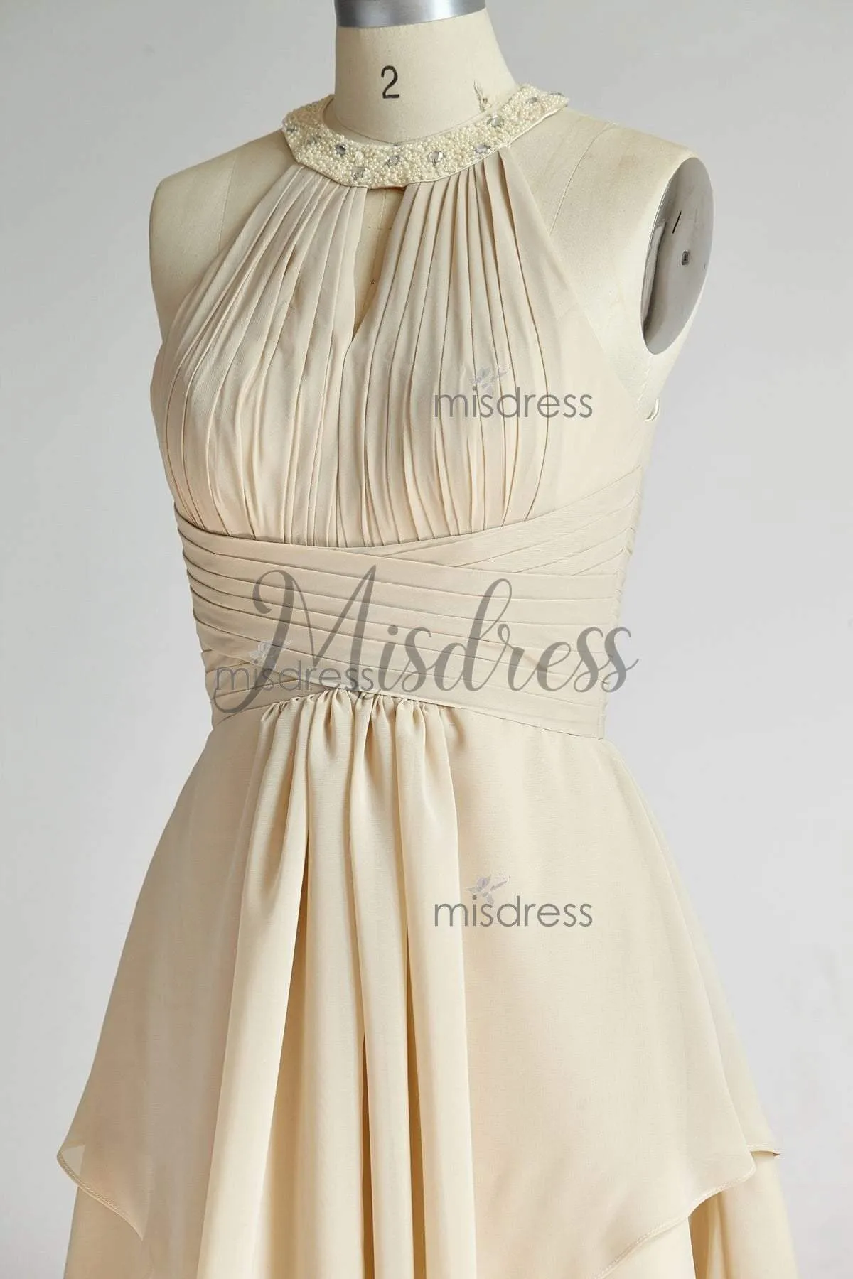 Halter Neck Champagne Beaded Chiffon Short Wedding Bridesmaid Dress