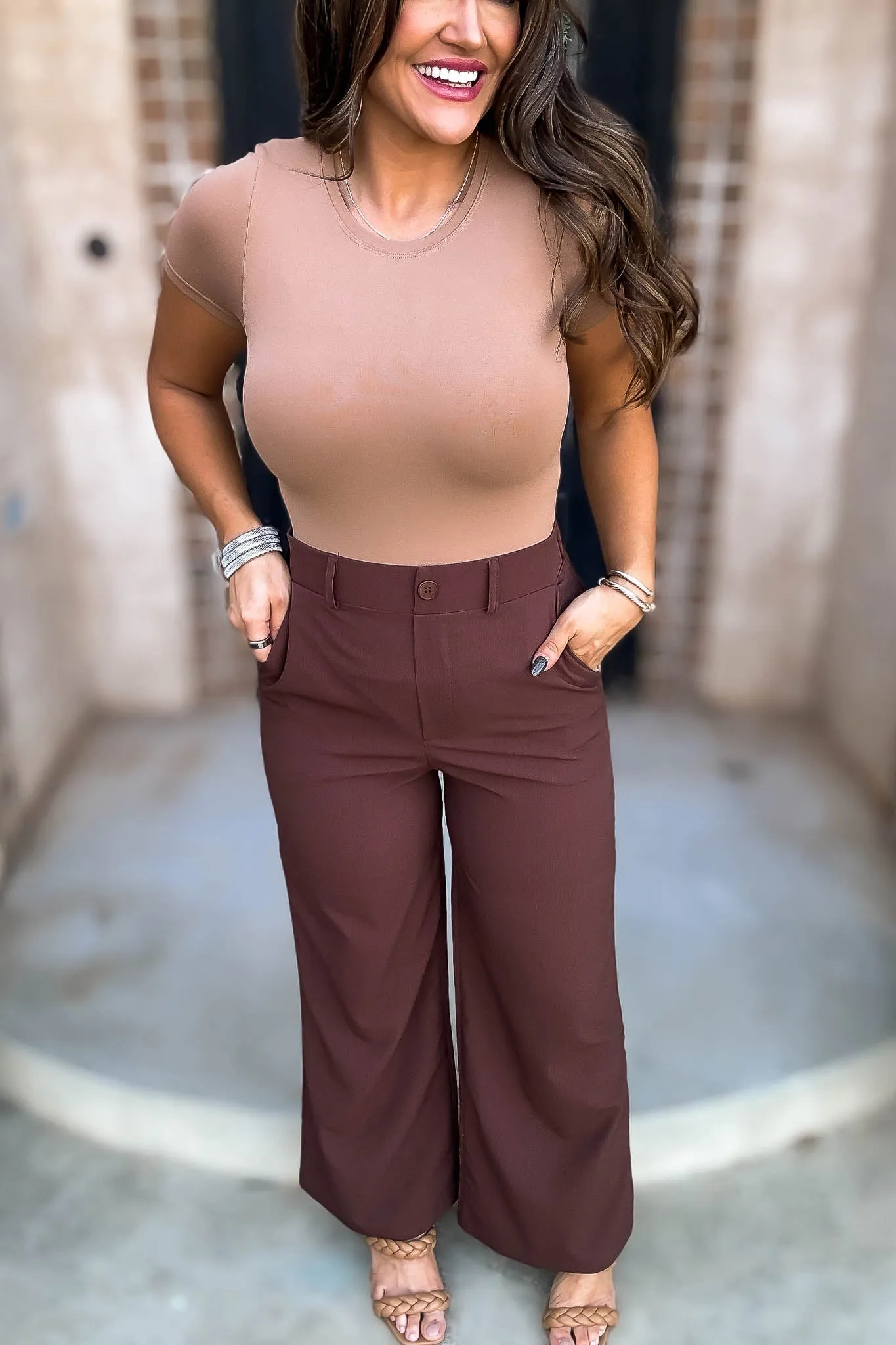 High Rise Espresso Elastic Back Wide Leg Pants